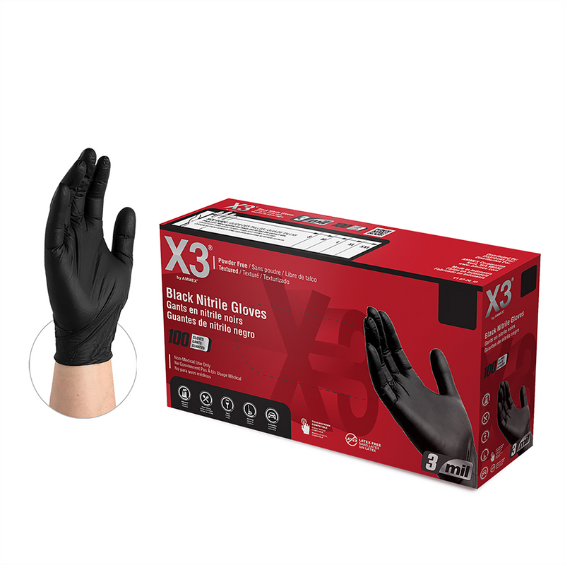 Ammex Corporation / Disposable Gloves L X3 Powder Free, Textured, Black Nitrile