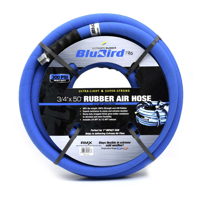 Blue Bird Air Hoses BluBird Rubber Air Hose, 3/4in. x 15ft., 3/4in. to 1/2in. Reducer, 300 PSI