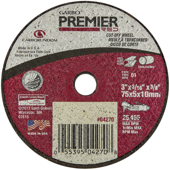 Carborundum® Carbo Premier Red™ 04270 Cut-Off Wheel, 3 in Dia, 3/16 in THK Wheel, 3/8 in Center Hole