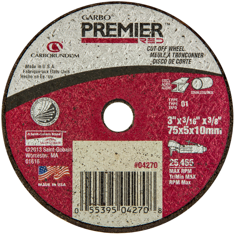 Carborundum Abrasives Carborundum Carbo Premier Red 04270 Cut-Off Wheel, 3 in Dia, 3/16 in THK Wheel