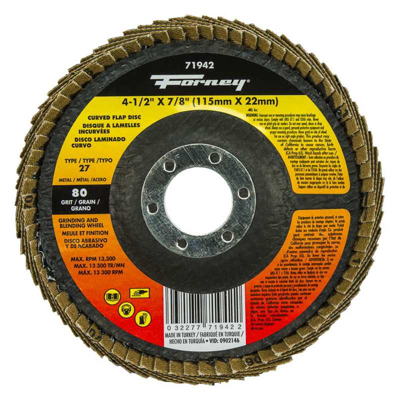 Forney 71942 Curved Edge Flap Disc 4-1/2 in x 7/8 in 80 Grit for Steel Grinding and Sanding