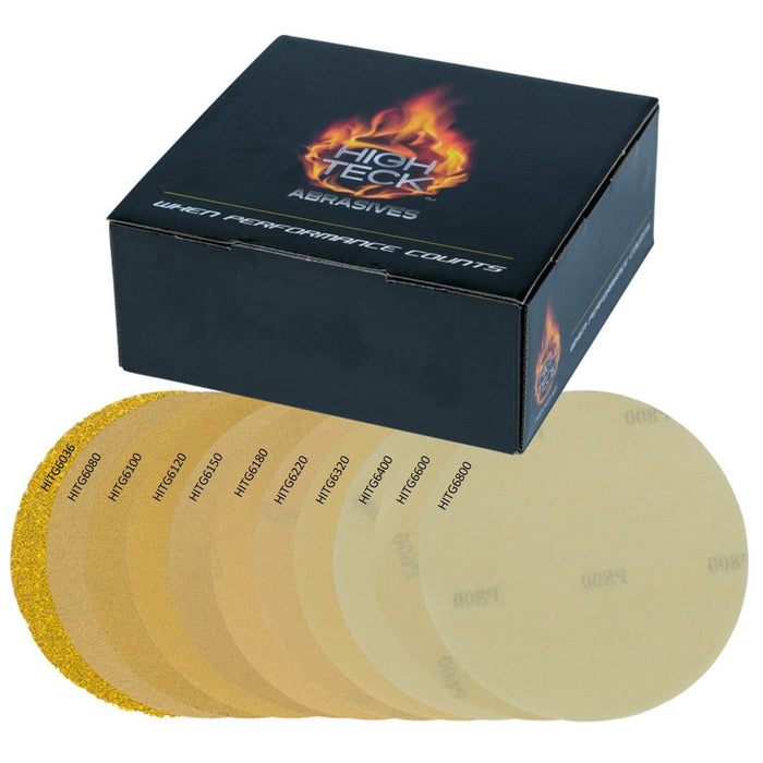 High Teck G6180 Premium Sanding Disc, 6 in Dia, P180 Grit, Aluminum Oxide, Resin Backing, Gold, Grip — view 2