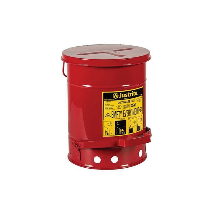 Justrite 09100 Foot Operated Hands Free Self Closing Cover Oily Waste Can, Red, 11-7/8 in OD x 15-7/