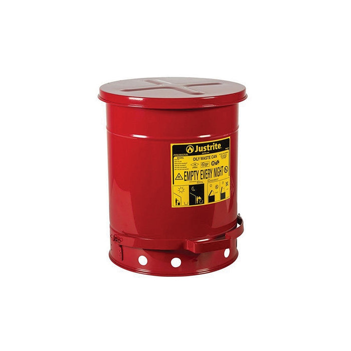 Justrite 09300 Hands Free Self Closing Cover Oily Waste Can with Foot Cover, Red, 13.938 in OD x 18- — view 3