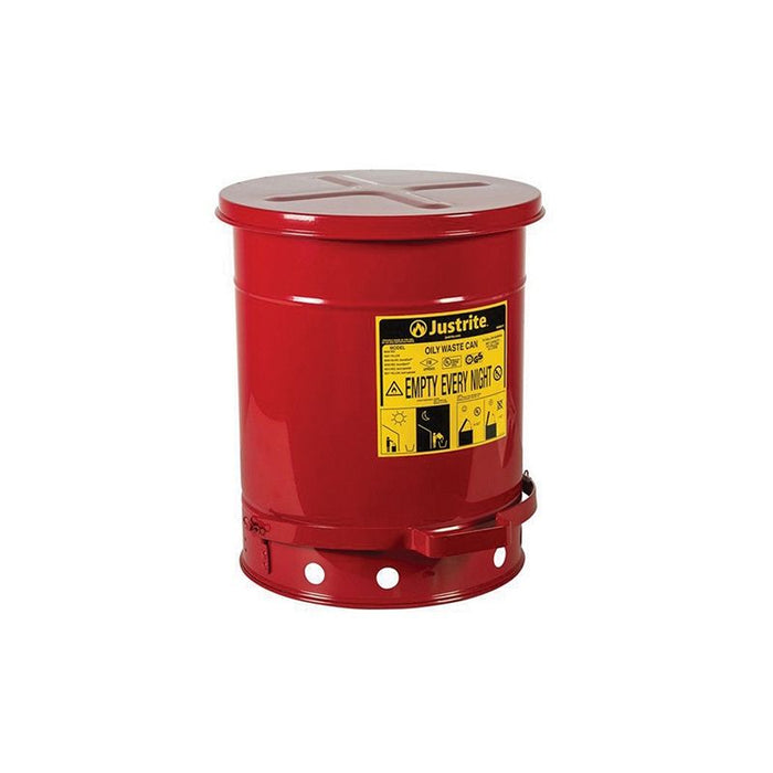 Justrite 09300 Hands Free Self Closing Cover Oily Waste Can with Foot Cover, Red, 13.938 in OD x 18- — view 3