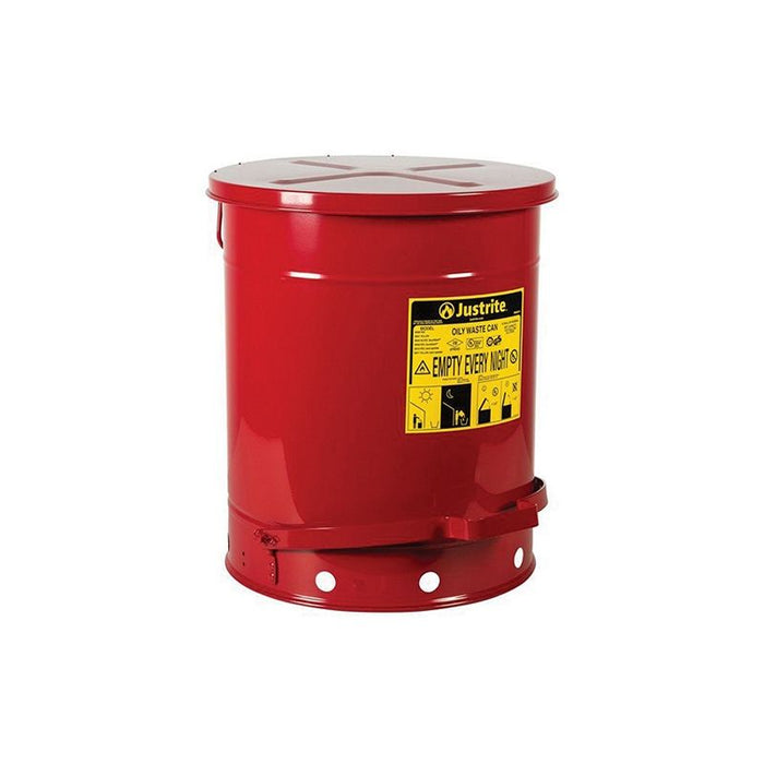 Justrite 09500 Hands Free Self Closing Cover Oily Waste Can with Foot Cover, Red, 16.063 in OD x 20- — view 2