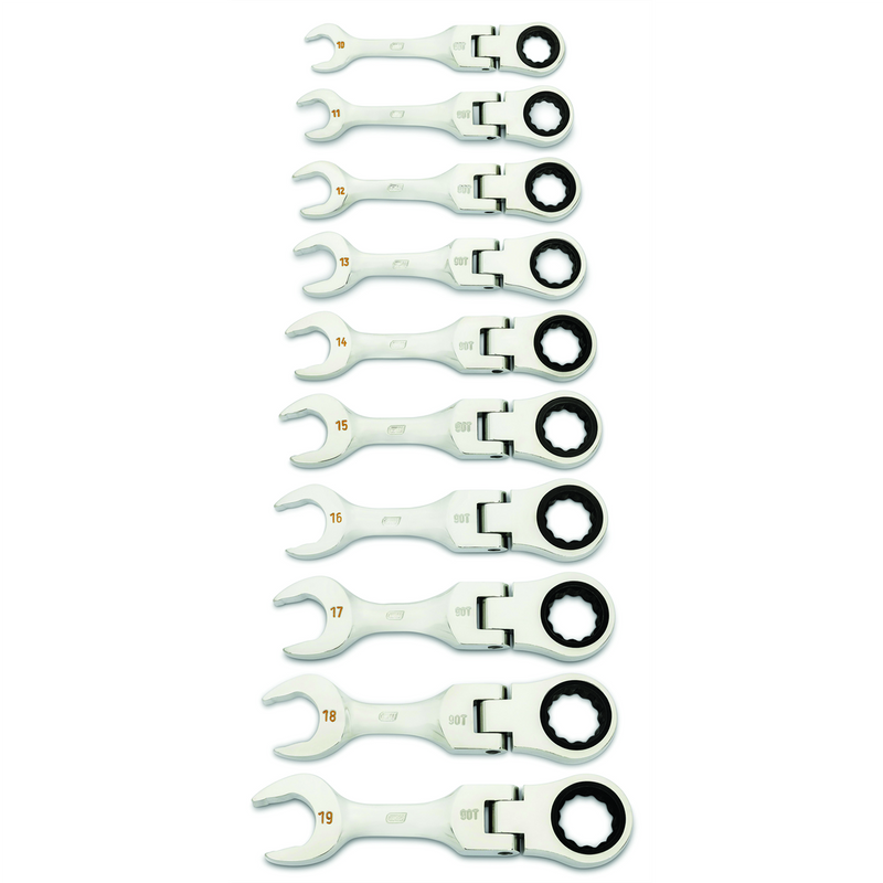 86870 10-Piece Metric Stubby Flex Ratcheting Wrench Set, 90-Tooth 12-Point