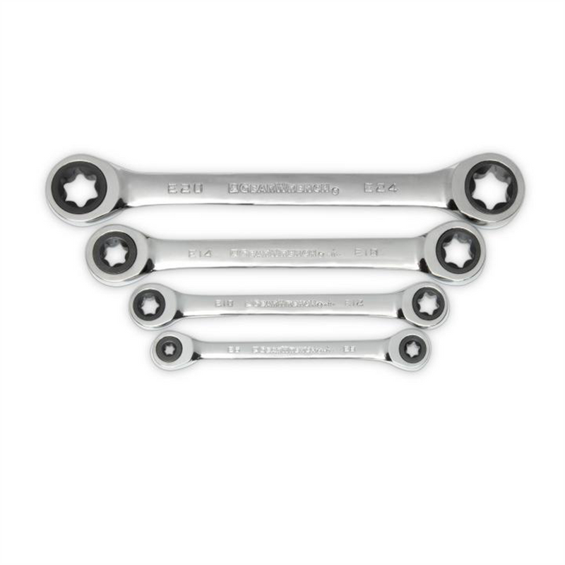 9224D 4-Piece Double Box Ratcheting E-Torx Wrench Set, alloy steel, chrome finish