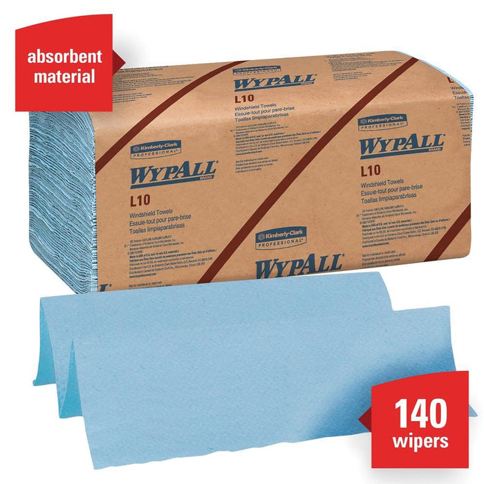 Kimberly-Clark WypAll 05120 L10 Series Banded Windshield Towel, 9.3 x 10-1/4 in, 140, Paper, Blue, 2