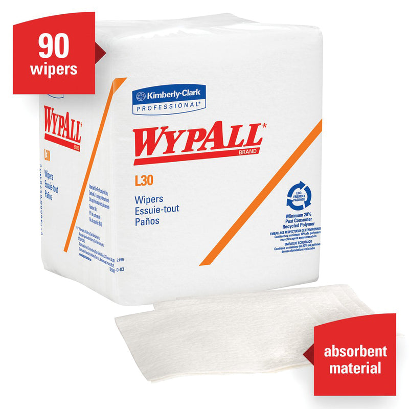 Kimberly-Clark WypAll 05812 L30 Series 1/4 Fold Towel, 12 x 12-1/2 in, 90, Double Re-Creped, White,