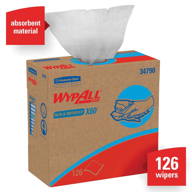 Kimberly-Clark WypAll 34790 X60 Series Pop-Up Box Cloth, 9.1 x 16.8 in, 126, Hydroknit, White, 1 Ply
