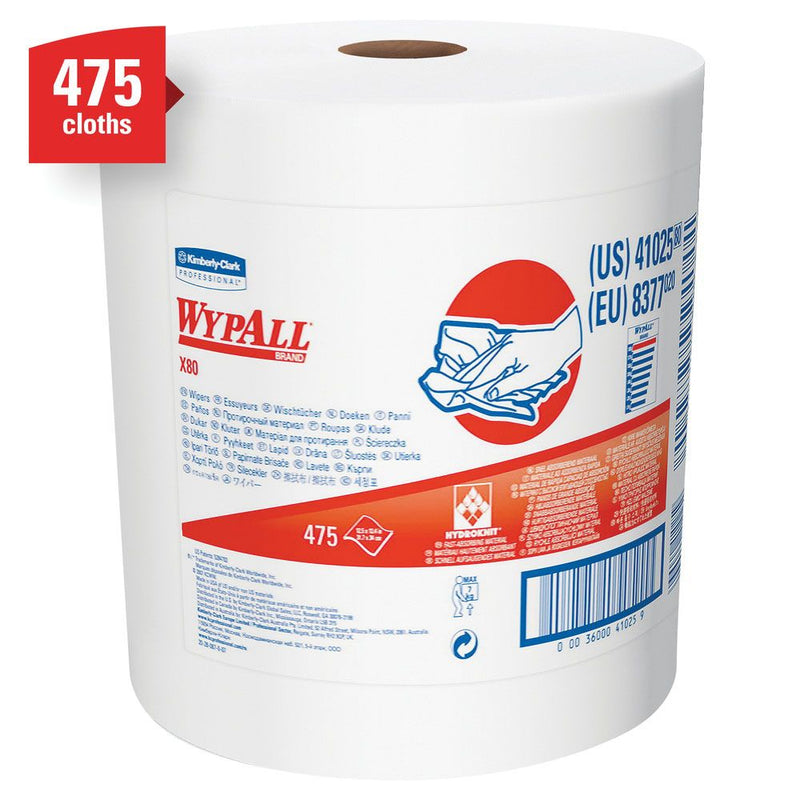 Kimberly-Clark WypAll 41025 X80 Series Jumbo Roll Cloth, 12.4 x 13.4 in, 475, Hydroknit, White, 1 Pl — view 3