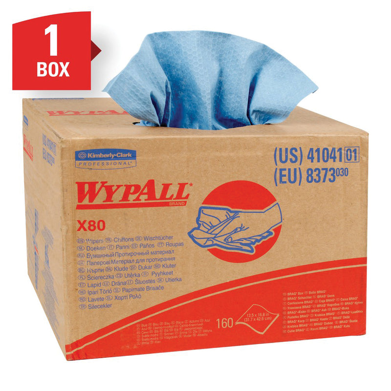 Kimberly-Clark WypAll 41041 X80 Series Brag Box Cloth, 12-1/2 x 16.8 in, 160, Hydroknit, Blue, 1 Ply