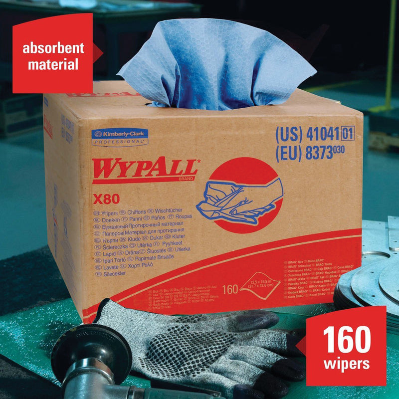 Kimberly-Clark WypAll 41041 X80 Series Brag Box Cloth, 12-1/2 x 16.8 in, 160, Hydroknit, Blue, 1 Ply — view 3