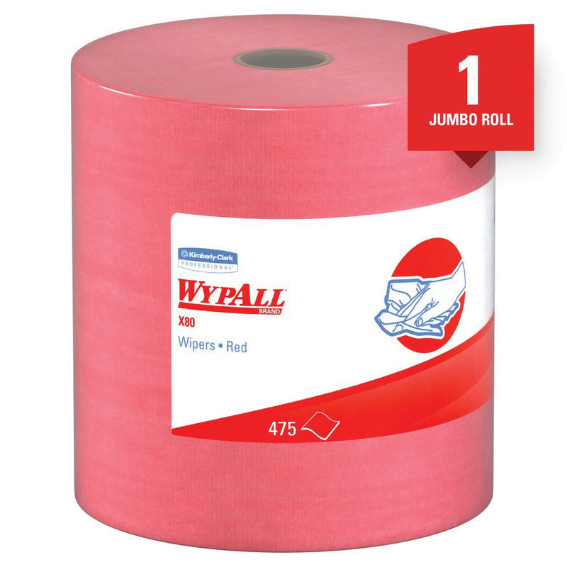 Kimberly-Clark WypAll 41055 X80 Series Jumbo Roll Cloth, 12.4 x 13.4 in, 475, Hydroknit, Red, 1 Plys