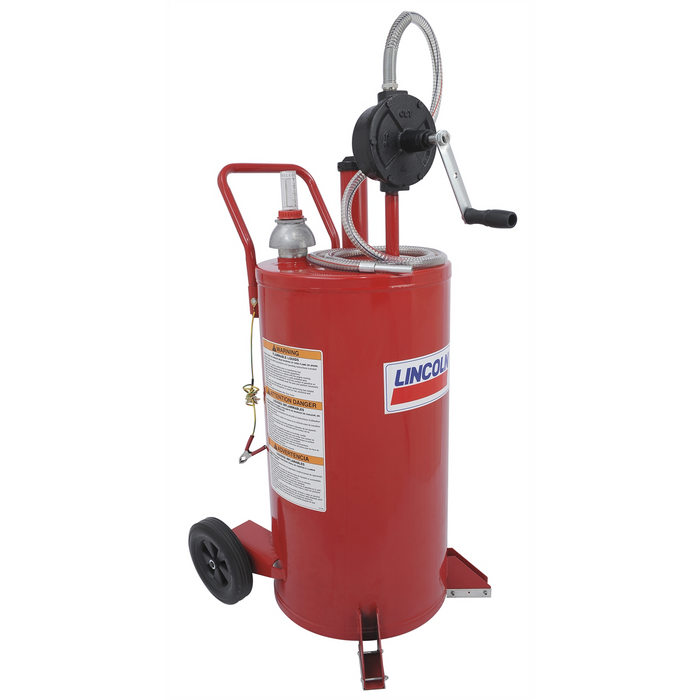 Lincoln Industrial Steel Fuel Caddy with 2-Way Rotary Pump and 7' Hose, 25 Gallon, Red