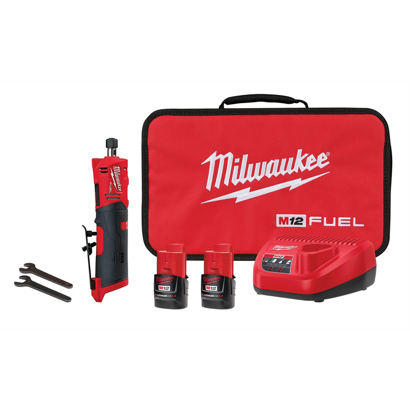 Tools 2486-22 1/4" Straight Die Grinder Kit, 0.3 HP, 3-Mode Speed, Two Batteries