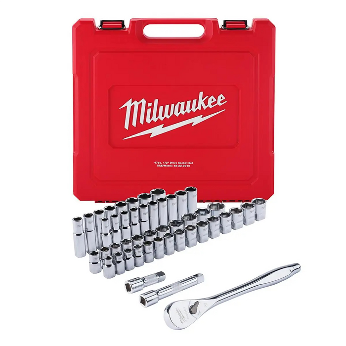 Milwaukee Tools Ratchet And Socket Set With Four Flat Sides, 1/2 In Drive, 47 -Piece