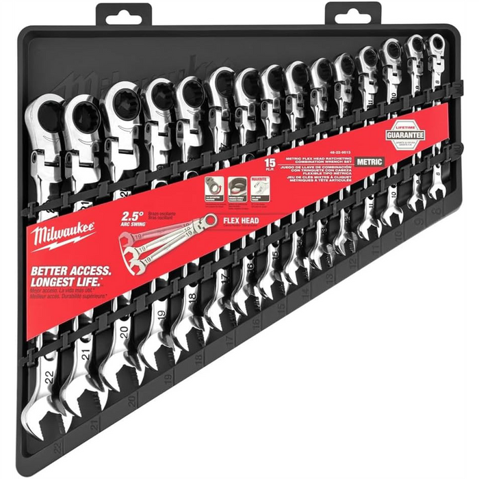 Milwaukee Tools 15pc Flex Head Ratcheting Combination Wrench - 144 ratcheting positions Metric