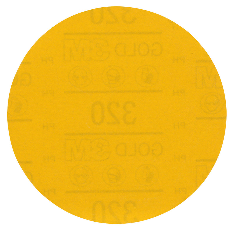 Hookit Gold Abrasive Disc 09237, 320, 5 in, No Hole, 50 Discs/Carton