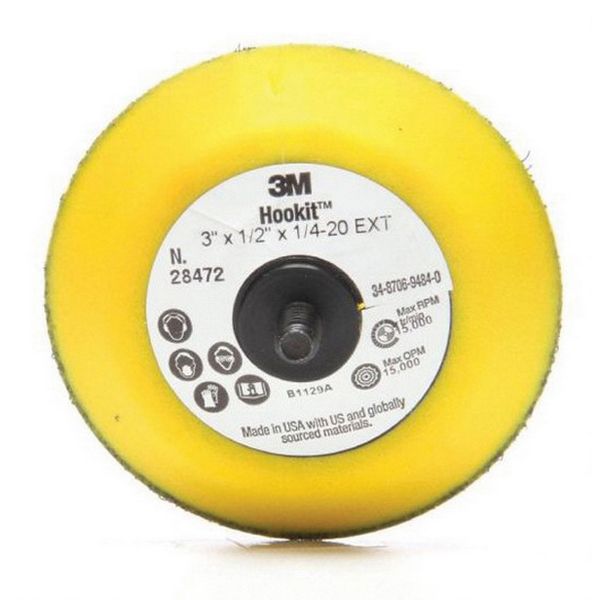 3M 28472 Regular Disc Pad, 3 in Dia, 1/4 in - 20 TPI Arbor, Hook and Loop Attachment — Yellow — view 2