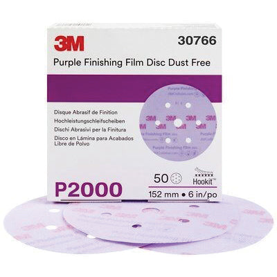 3M Products 30766 260L Series Dust Free Abrasive Disc, 6 in Dia, P2000 Grit, Hook and Loop, Purple