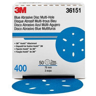 36151 Hookit Multi-Hole Abrasive Disc 400 Blue 3 in for Beveling, Back Gouging and Clear Coat