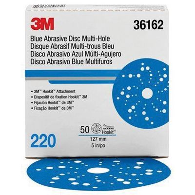 3M 36162 321U Series Multi-Hole Abrasive Disc, 5 in Dia, 220 Grit, Hook and Loop, Blue — view 2