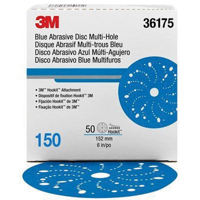 36175 321U Series Multi-Hole Abrasive Disc, 6 in Dia, 150 Grit, Hook and Loop, Blue