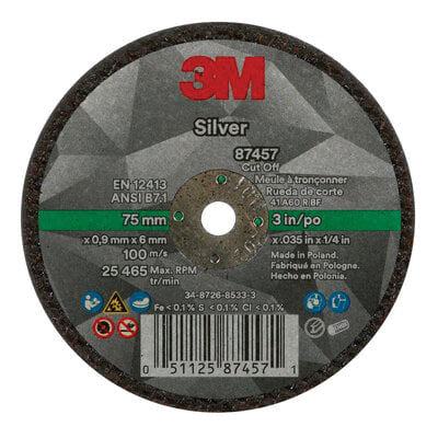 3M Products 87457 Straight Cut-Off Wheel, 3 in Dia x 0.035 in THK, 1/4 in Center Hole, 25465 rpm — view 2