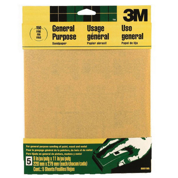 3M Products 9001NA Sandpaper, 9 in W x 11 in L, 150 Grit, Fine Grade, Aluminum Oxide Abrasive, Brown