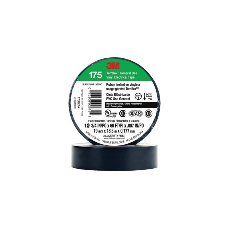 Temflex 92618 175 Electrical Tape, 60 ft L x 3/4 in W, 7 mil THK, Black