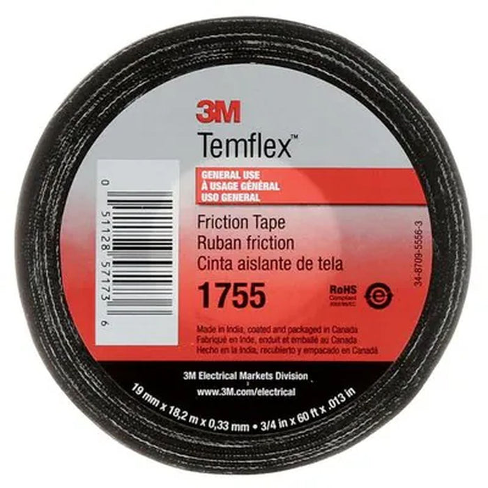 3M Products Temflex Cotton Friction Tape 1755, 3/4 in x 60 ft, Black, 20 rolls/Case