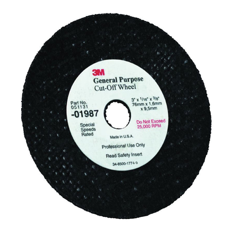 3M Products Green Corps 01987 Cut-Off Wheel, 3 in Dia x 1/32 in THK Wheel, 3/8 in Center Hole, Alumi