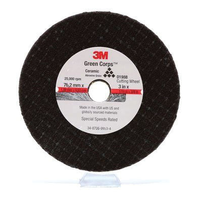 3M Products Green Corps 01988 Cut-Off Wheel, 3 in Dia x 1/16 in THK Wheel, 3/8 in Center Hole, Alumi