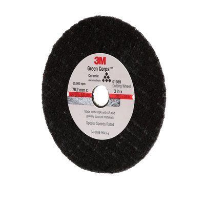 3M Green Corps 01989 Cut-Off Wheel, 3 in Dia x 1/32 in THK Wheel, 3/8 in Center Hole, Ceramic Abrasi — view 2