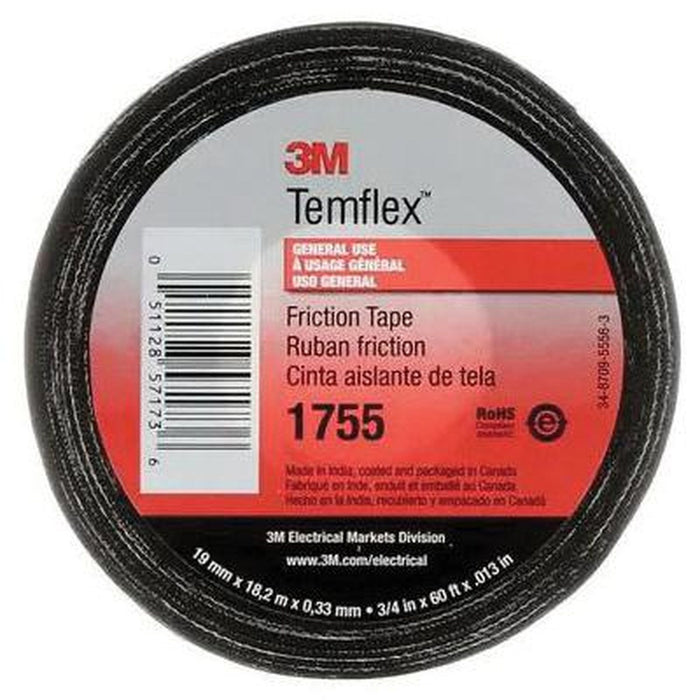 3M Products Temflex Cotton Friction Tape 1755, 3/4 in x 60 ft, Black, 20 rolls/Case — view 2