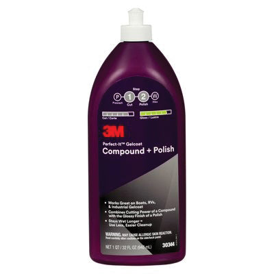 3M Products Perfect-It 30344 Gelcoat Compound + Polish, 1 qt Bottle, White, Liquid