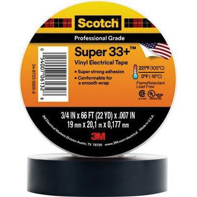 3M Products Scotch Super 33+ 06130 Premium Grade Electrical Tape, 20 ft x 3/4 in, 7 mil THK, Black