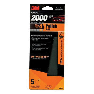 3M Products Wetordry 03003 Sandpaper, 3-2/3 in W x 9 in L, 2000 Grit, Silicon Carbide Abrasive, Gray