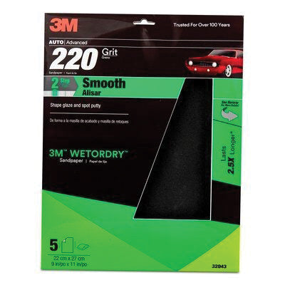 3M Products Wetordry 32043 Sandpaper, 9 in W x 11 in L, 220 Grit, Aluminum Oxide Abrasive, Black, We
