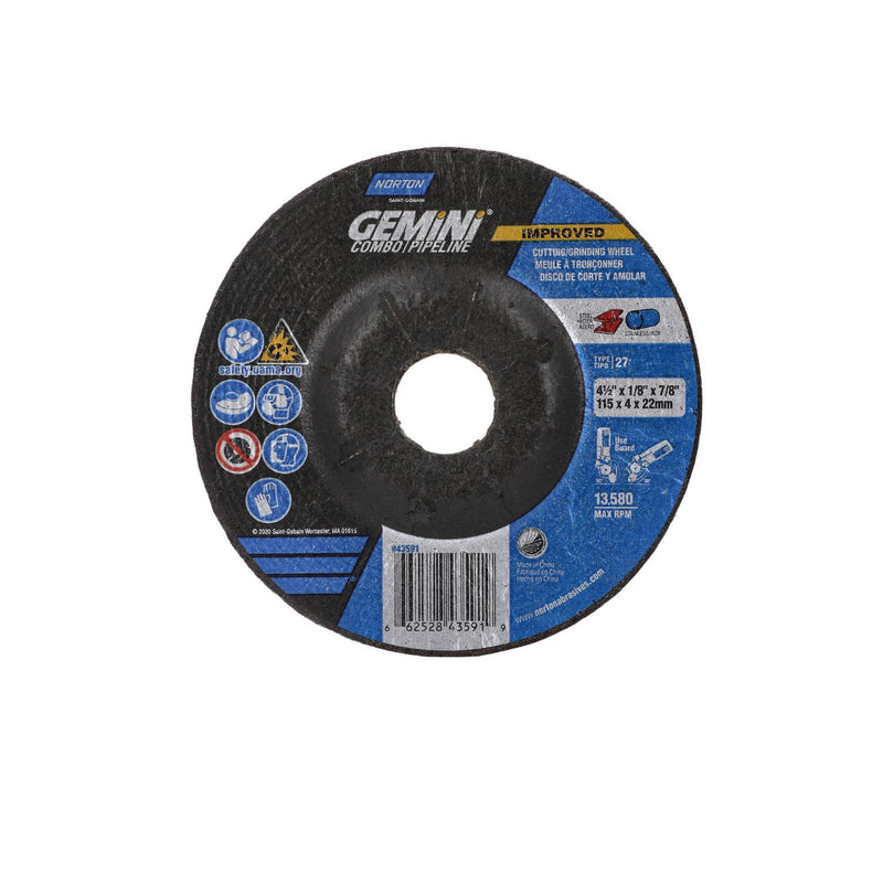 Gemini Wheel 43591 - 4-1/2×1/8×7/8 in for stainless and carbon steel cutting