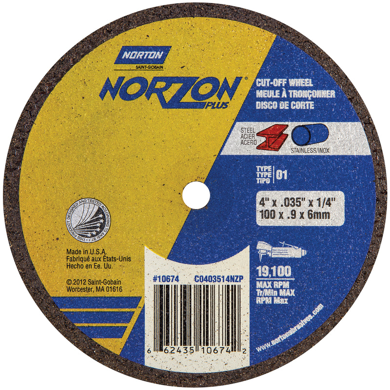Norton Abrasives Norton NorZon Plus 10675 Cut-Off Wheel, 4 in Dia, 0.035 in THK Wheel, 3/8 in Center