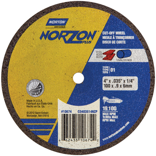 Norton Abrasives Norton NorZon Plus 10675 Cut-Off Wheel, 4 in Dia, 0.035 in THK Wheel, 3/8 in Center