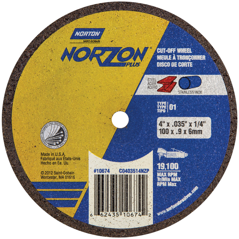 Norton Abrasives Norton NorZon Plus 10677 Cut-Off Wheel, 4 in Dia, 1/16 in THK Wheel, 3/8 in Center