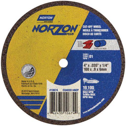 Norton Abrasives Norton NorZon Plus 10677 Cut-Off Wheel, 4 in Dia, 1/16 in THK Wheel, 3/8 in Center
