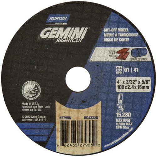 Norton Abrasives Norton Gemini Right Cut 23602 Cut-Off Wheel, 4-1/2 in Dia, 0.045 in THK Wheel, 7/8
