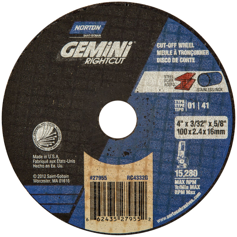 Norton Abrasives Norton Gemini Right Cut 23604 Cut-Off Wheel, 6 in Dia, 0.04 in THK Wheel, 7/8 in Ce
