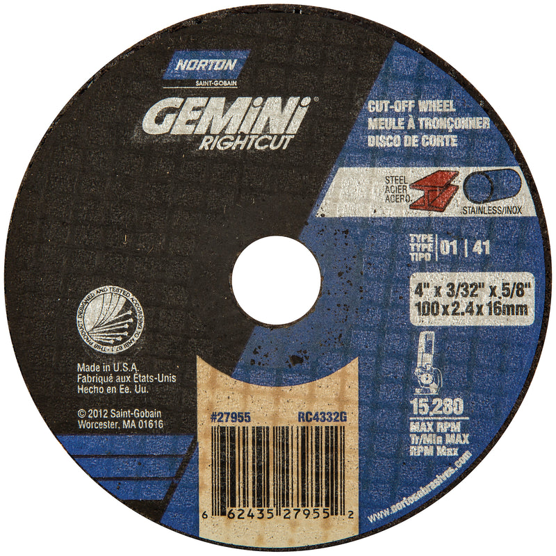 Norton Gemini Right Cut 23604 Cut-Off Wheel, 6 in Dia, 0.04 in THK Wheel, 7/8 in Ce