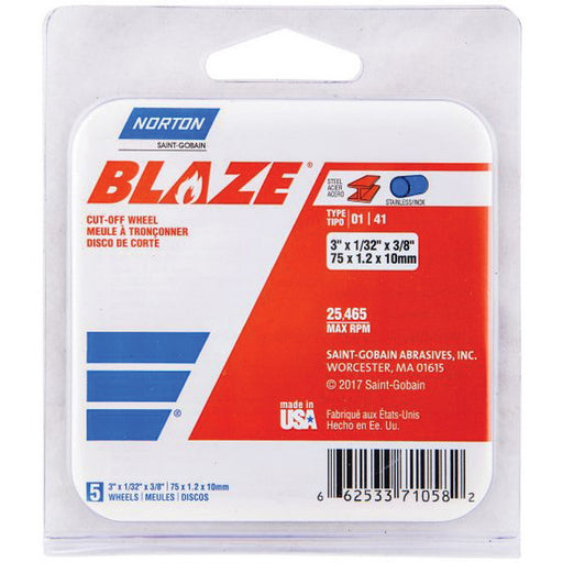 Norton Abrasives Norton Blaze 71058 Cut-Off Wheel, 3 in Dia, 1/32 in THK Wheel, 3/8 in Center Hole,